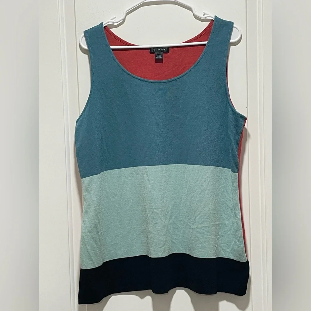 ST JOHN XL Mint Julep Cinnabar Black Caviar Colorblock Sleeveless Wool Knit Tank - Picture 1 of 15